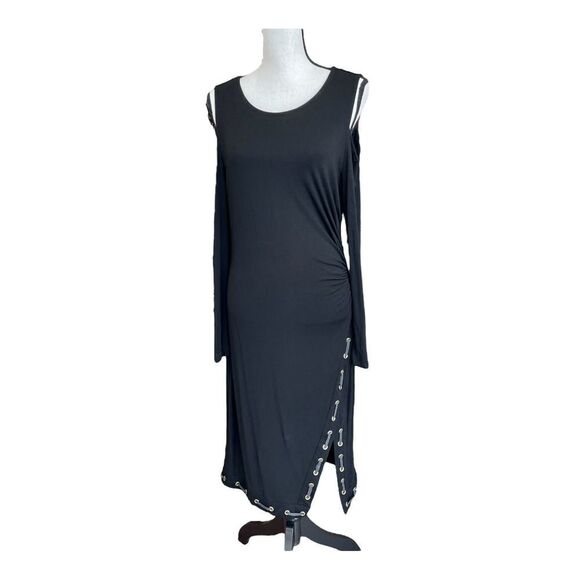Carmen Marc Valvo Womens Dress Midi Black Long Sleeve Cold-Shoulder Slit Solid L